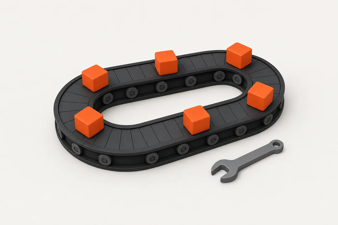 Six orange cubes riding a black conveyor loop with a small grey wrench resting beside the track